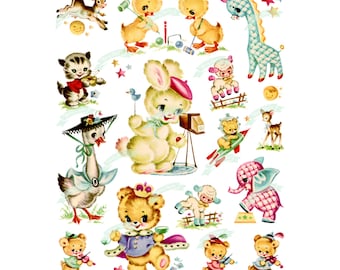 Könnte beinhalten: Eine Sammlung bunter Vintage-Illustrationen von Tieren, darunter ein Kaninchen, eine Gans, eine Giraffe, eine Kuh, ein Reh, ein Teddybär und ein Lamm. Die Illustrationen sind im Cartoon-Stil gehalten und eignen sich perfekt für ein Kinderzimmer oder einen Kindergarten.