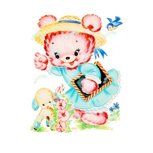 Grande, download digital vintage, urso rosa, cartão vintage, para impressão, cartões de aniversário, álbum de recortes, folha de colagem