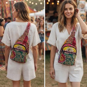 May include: A sling backpack featuring a patchwork design with vibrant floral and geometric patterns in shades of red, green, and yellow. The bag has a single shoulder strap and a zippered front pocket, constructed from quilted fabric with visible stitching.