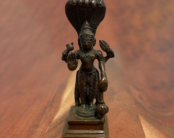 1950's Vintage Handmade Bronze Standing Lord Vishnu With Sheshnag Hindu God Statue