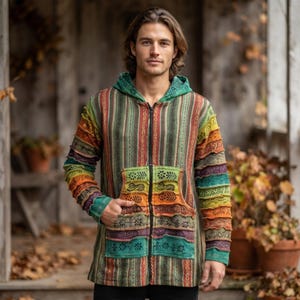 Pode incluir: Um casaco com fecho e capuz apresentando um padrão de riscas verticais em tons de verde, laranja e castanho. A peça inclui mangas compridas com detalhes de tecido sobreposto e um bolso frontal grande com estampados florais e geométricos.