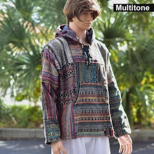 Ethnic Vintage Handmade Boho Unisex Tribal Patchwork Heavy Stonewashed Cotton Hooded Jacket Outerwear Plus size Women's Men's Hoodie