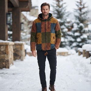 May include: A hooded jacket featuring a patchwork design in shades of mustard yellow, olive green, and slate blue. The jacket has a full-length front zipper, a drawstring hood with tassels, and long sleeves, paired with solid black cargo trousers.
