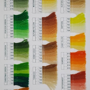 May include: Color chart featuring swatches of yarn in various shades, including green apple, mustard, and autumn yellow. Each color is labeled with a number and name, ideal for craft projects.