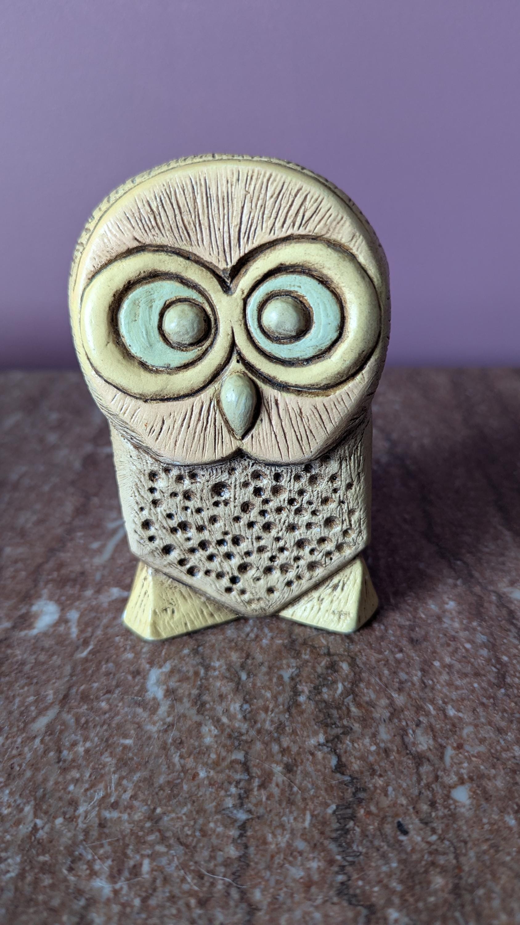 Vintage Green Tan Yellow MCM Owl Figurine