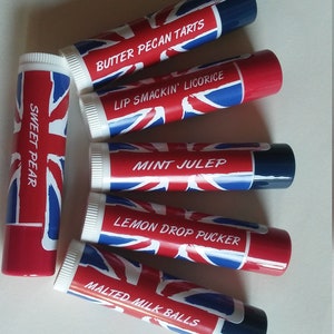 Lip Balms British Inspired, set of 6.  Contains: coconut oil, beeswax, sweet almond oil, avacado oil, natural &  artifical flavors.