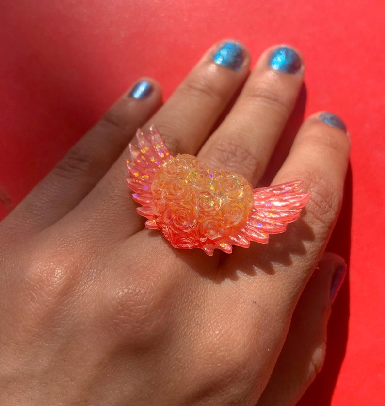 Fairycore Winged Heart Ring, Pastel Resin Statement Ring, Kawaii Coquette Jewelry, Adjustable Y2K Angelcore Gift for Her, Cute Fairy Jewelry image 10