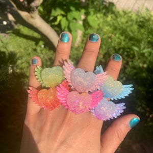Fairycore Winged Heart Ring, Pastel Resin Statement Ring, Kawaii Coquette Jewelry, Adjustable Y2K Angelcore Gift for Her, Cute Fairy Jewelry image 1