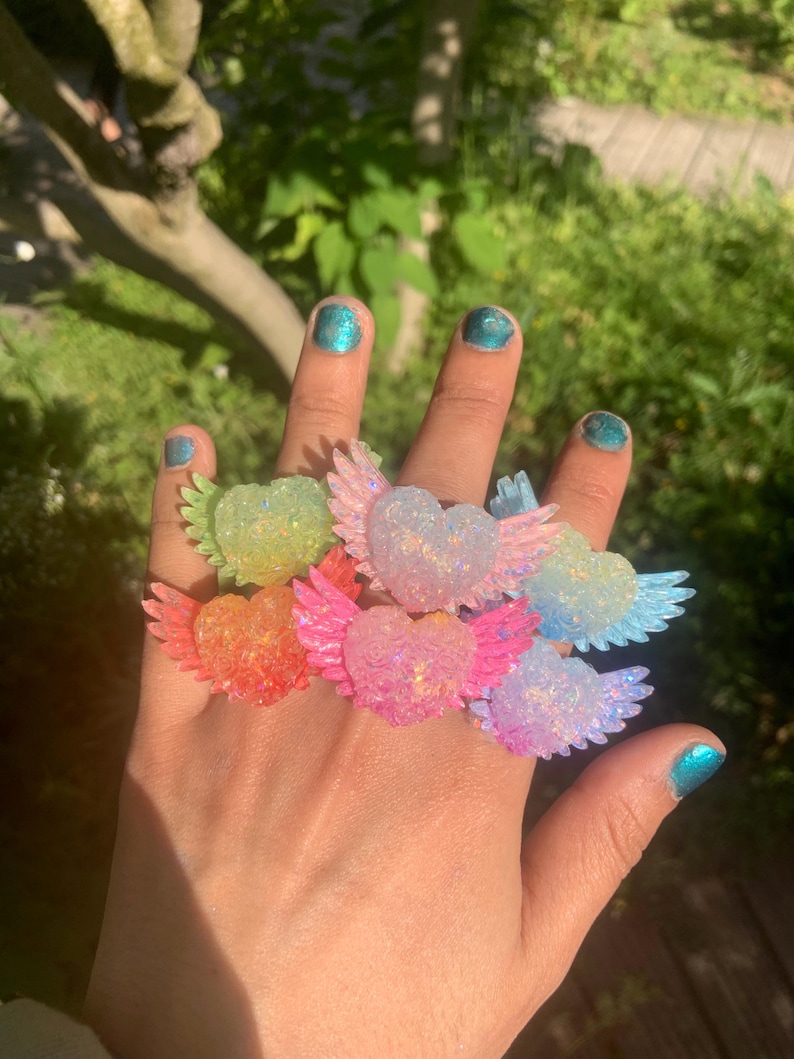Fairycore Winged Heart Ring, Pastel Resin Statement Ring, Kawaii Coquette Jewelry, Adjustable Y2K Angelcore Gift for Her, Cute Fairy Jewelry image 1