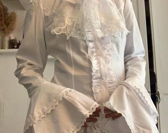 Victorian Lace Ruffle Blouse – Romantic High Neck White Shirt – Cottagecore Long Sleeve Top – Vintage Inspired Elegant Blouse