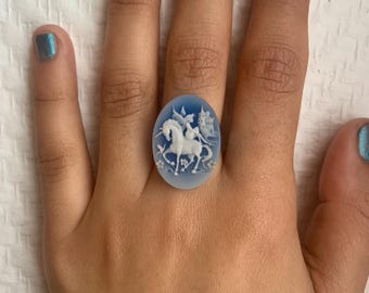 Blue Unicorn Cameo Ring, Fantasy Agate Statement Ring, Adjustable Stainless Steel Jewelry, Fairycore Gothic Victorian Gift for Her, Vintage