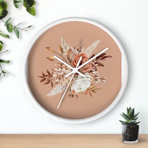 Boho Floral Wall Clock | Terracotta Pampas Grass Wildflower | Earthy Home Decor | Bohemian Clock | Wooden White Frame | Living Roo