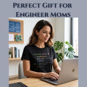 May include: A woman wearing a black t-shirt with coding text, sitting at a desk with a laptop. The text on the shirt reads "function mom() { solveProblem(); giveLove(); repeat();". The image also includes the text "PERFECT GIFT FOR ENGINEER MOMS".