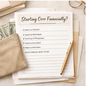 Op de afbeelding: Een vel papier met de titel "Starting Over Financially?" en een lijst met financiële planningsstappen. Een gouden pen ligt op de papieren, samen met een beige etui en contant geld. Thema financieel beheer.