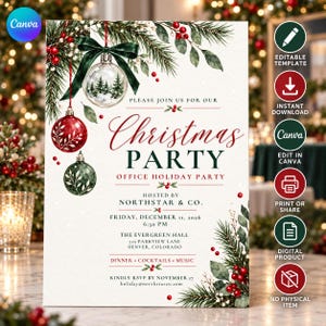 May include: A Christmas party invitation template featuring watercolor pine branches, red berries, and three hanging ornaments. The text reads: Please join us for our Christmas Party, Office Holiday Party, hosted by Northstar & Co., December 11, 2026.