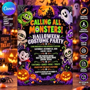 May include: A Halloween costume party invitation flyer featuring the text CALLING ALL MONSTERS! HALLOWEEN COSTUME PARTY, with illustrations of a green monster, a ghost, a mummy, a vampire, a skeleton, a black cat, and jack-o'-lanterns on a black background.