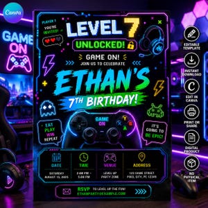 Gamer Birthday Invitation: Level Up Party, Editable Canva Template (Digital Download)