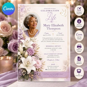 Pode incluir: Um cartão de convite para serviço memorial com um retrato de Mary Elizabeth Thompson, ilustrações florais de lírios brancos e rosas roxas, e texto detalhando a celebração da vida, data, hora, local e informações de contato.