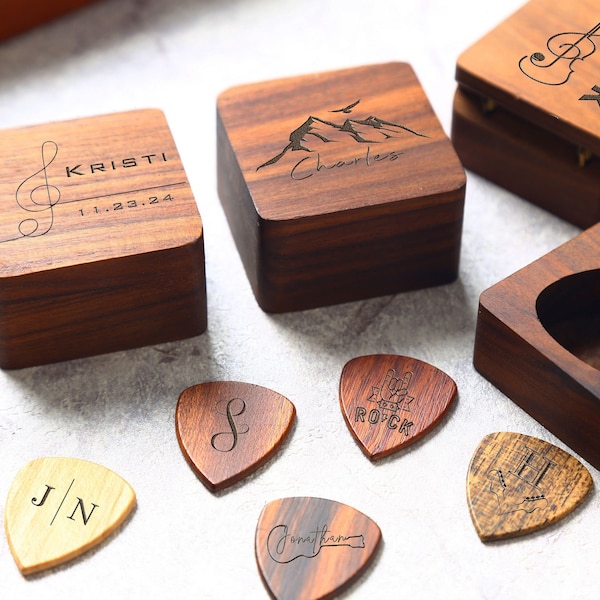 Personalized Wooden Guitar Picks Holder, Engraved Guitar Picks Case/Box, Plectrum Storage, Gift For Guitarist, Guitar Player Gift