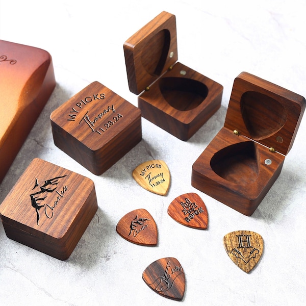 Personalized Wooden Guitar Picks Box, Custom Engraved Guitar Pick Case, Guitar Pick Storage, Gift for Musician, Guitar Player, Guitarist