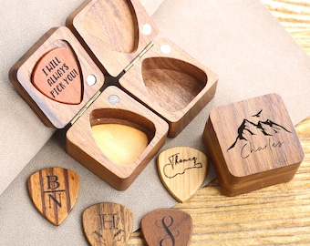 Personalized Wooden Guitar Pick Set: Custom Engraved Walnut Case