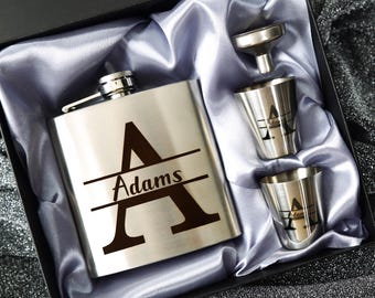 Personalized Flask Set: Engraved Stainless Steel Hip Flask with Shot Cups