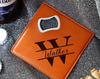 Personalized Leather Beer Bottle Opener: Retro Coaster Groomsmen Gift