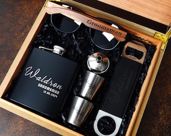 Personalized Groomsmen Gift Box, Cigar Box Set, Flask, Opener