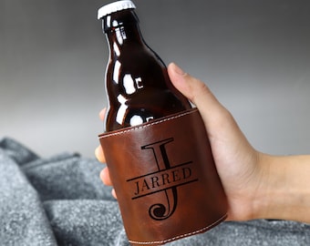 Personalized Leather Can Cooler: Engraved Beer Sleeve Holder