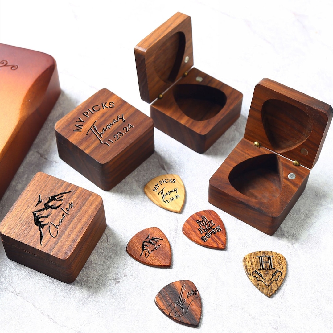 Personalized Wooden Guitar Picks Box, Custom Engraved Guitar Pick Case