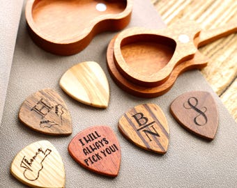 Personalized Sapele Wood Guitar Pick Holder, Engraved Plectrum Case