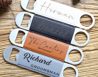 Personalized Leather Bar Blade: Laser Engraved Stainless Steel Bottle Opener