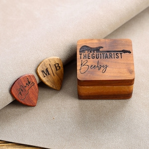 Personalized Wooden Guitar Picks with Box, Plectrum Case Organizer, Engraved Wooden Guitar Pick Holder,  Custom Gift for Guitar Player