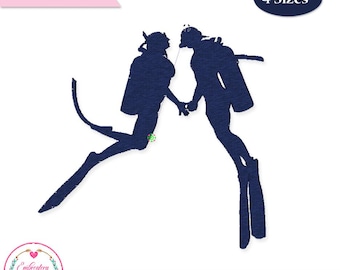 May include: A navy blue silhouette of two scuba divers holding hands, with diving gear and fins. The image includes the text "DIGITAL FILE" and "4 Sizes". The logo of "Embroidery Art Store" is also present.