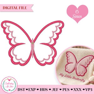 May include: Digital file featuring a pink and white butterfly design. The image includes the text "DIGITAL FILE" and "6 Sizes". A sample of the design is shown on a towel with the text "My Little Butterfly". Embroidery Art Store logo is also present.