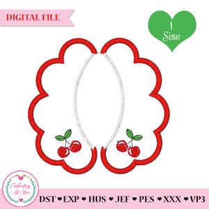 Può includere: File di ricamo digitale con un design a colletto rosso smerlato con ciliegie ricamate. Il design include il testo "DIGITAL FILE" e un cuore verde con il numero "1" e la parola "Size".