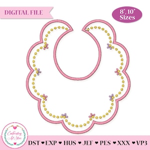 May include: Pink baby bib design with a scalloped edge, adorned with small flowers and gold bead accents. The design is available in 8" and 10" sizes. The words "DIGITAL FILE" are at the top.