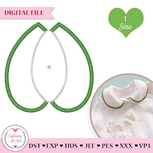 Könnte beinhalten: Digitales Stickmuster mit einem grünen Umrissdesign. Das Design umfasst eine Herzform und ein kleines kreisförmiges Element. Das Bild zeigt auch ein Beispiel des Designs auf einem weißen Kleidungsstück mit grünen Verzierungen. Der Text "DIGITAL FILE" ist sichtbar.