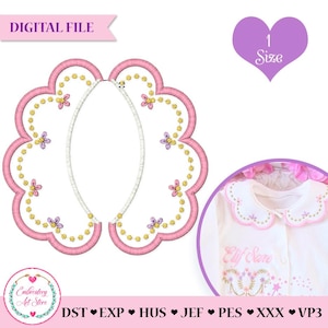 May include: A digital embroidery file featuring a pink scalloped collar design with floral and dot accents. The design includes the text "DIGITAL FILE" and is labeled "1 Size". A smaller image shows the design on a white garment.