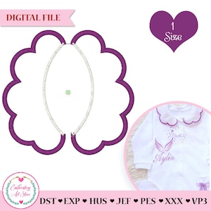 May include: Digital file with a purple scalloped design and a white embroidered outline. A white baby onesie with a purple wing design and the name "Aylin" is also shown. The image includes the text "DIGITAL FILE" and "1 Size".