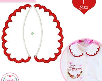 Puede incluir: Archivo digital de un diseño de cuello festoneado rojo. El diseño es para bordado, con un interior blanco y un borde rojo festoneado. Una forma de corazón con el número 1 y la palabra "Size" está en la esquina superior derecha. El texto "DIGITAL FILE" está en la parte superior izquierda.