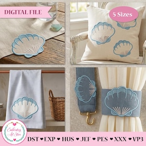 May include: Digital file with seashell embroidery designs. The image displays the design on a napkin, cushion, towel, curtain tieback, and strap. The designs are in blue, beige, and white. The text "5 Sizes" is visible.