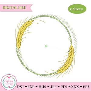 Puede incluir: Un archivo digital con un diseño circular con espigas de trigo y un borde de cuentas. El diseño es en tonos amarillos y verdes, con el texto "DIGITAL FILE" y "6 Sizes". La imagen también contiene el texto "Embroidery Art Store".