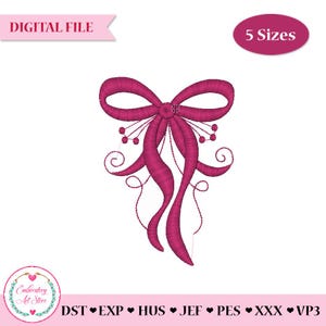 May include: A digitally rendered, magenta-colored bow design with flowing ribbons and decorative elements. The image includes the text "DIGITAL FILE" and "5 Sizes". The design is from the Embroidery Art Store.