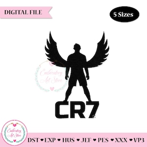 Puede incluir: Silueta negra de una persona con alas de ángel, de pie sobre las letras "CR7". La imagen incluye el texto "DIGITAL FILE" y "5 Sizes". El diseño es para bordado.