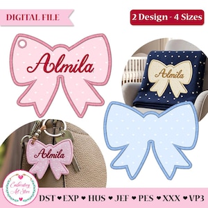 Bow Bag Tag Embroidery Design: Baby Name Frame Applique, 2 Design 4 Sizes (Digital Download)