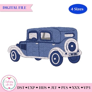 May include: A digital embroidery file featuring a vintage car design in shades of blue and white. The car has a spare tire mounted on the back, white fenders, and wheels. The image includes text labels stating DIGITAL FILE and 4 Sizes.