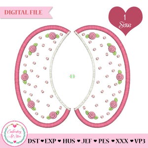 Può includere: File di ricamo digitale con un design a colletto rosa. Il colletto è decorato con rose rosa e foglie verdi, con piccoli pois rosa su sfondo bianco. Il testo "DIGITAL FILE" è in alto.