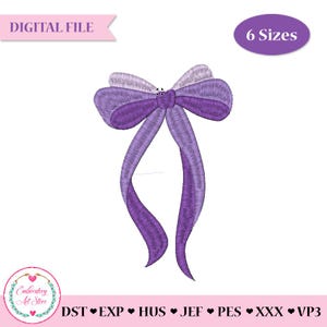 May include: A digitally rendered purple bow design. The bow has a layered appearance with detailed stitching, and long, flowing ribbons. The image includes the text "DIGITAL FILE" and "6 Sizes". The design is suitable for embroidery projects.