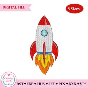 May include: A colorful rocket ship design with red, white, blue, and yellow accents. The image includes the text "DIGITAL FILE" and "5 Sizes". The rocket has a round window and flames.